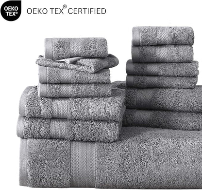 LANE LINEN Cotton Bath Towel Set - 24 Pcs - Highly Absorbent, Quick Dry & Ultra Soft - 2 Bath Sheets, 4 Bath, 6 Hand Towels, 8 Washcloths, 4 Fingertip - Oeko Tex Certified - Space Grey