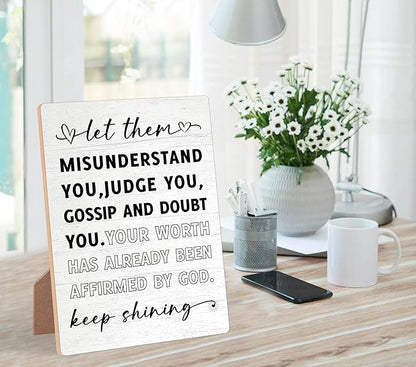 Desk Signs for Office, Mental Health Decorations, Inspirational Desk Decor, Home Decor Living Room, Coworker Gifts, Encouragement Gifts for Women Men Friend, Christian Gifts, Wooden Sign with Stand,1