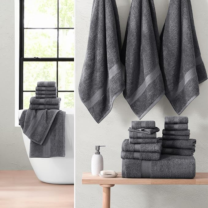 LANE LINEN Cotton Bathroom Towels Set - 24 Pcs - Ringspun, Quick Dry, Very Soft & Absorbent - 2 Bath Sheets, 4 Bath Towel, 6 Hand Towel, 8 Washcloths, 4 Fingertip - Pre Shrunk - Cool Grey