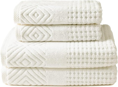 Texere 100% Organic Cotton Diamond Jacquard 700 GSM Luxury Bath Towel Sets - Ultra Soft and Absorbent Hotel and Spa Quality (Diamond, Cream, 2 Bath & 2 Hand Towels)