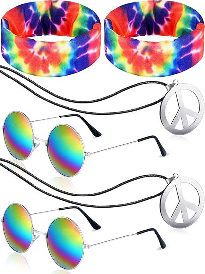 Frienda Hippie Costume Set, Hippie Sunglasses, Peace Sign Necklace and Tie Dye Headband for 60s 70s Accessories