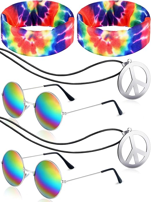 Frienda Hippie Costume Set, Hippie Sunglasses, Peace Sign Necklace and Tie Dye Headband for 60s 70s Accessories