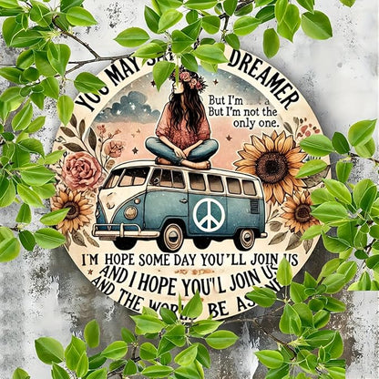 Hippie Van Round Aluminum Sign "Dreamer" Quote Wall Art Decor, Retro Floral Peace Bus Home Decoration, Funny Tin Plaque for Kitchen, Restaurant,Garage - 1 Piece Vintage Engraved 7.8 Inch