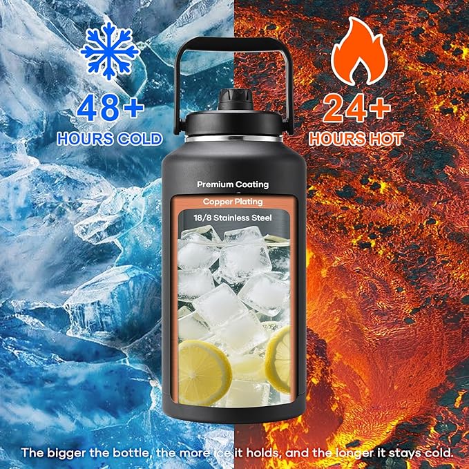 BUZIO 2 Gallon Water Bottle Insulated, (Cold for 48 Hrs) 256oz Extra Large Water Jug Stainless Steel, 4.4in Big Wide Mouth Leak Proof Metal Flask with Handle for Camping,Outdoor Work,Travel, Black