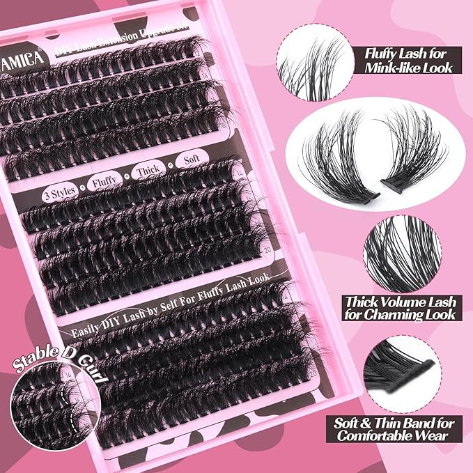 Yawamica Eyelash Extension Kit Fluffier Thick Volume Lash Extension Kit 14-20mm D Curly Mink Lash Clusters 240pcs Individual Lashes Kit with Bond and Seal and Lash Applicator DIY at Home for Beginner