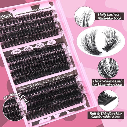 Yawamica Eyelash Extension Kit Fluffier Thick Volume Lash Extension Kit 14-20mm D Curly Mink Lash Clusters 240pcs Individual Lashes Kit with Bond and Seal and Lash Applicator DIY at Home for Beginner