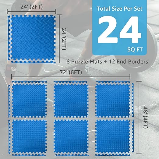Art3d 24 Sq.Ft Eva Puzzle Exercise Mats, 24"x24" x 1/2" Thick Foam Interlocking Tiles for Gyms, Flooring, Workout, Gym Equipments, Pack of 6, Blue
