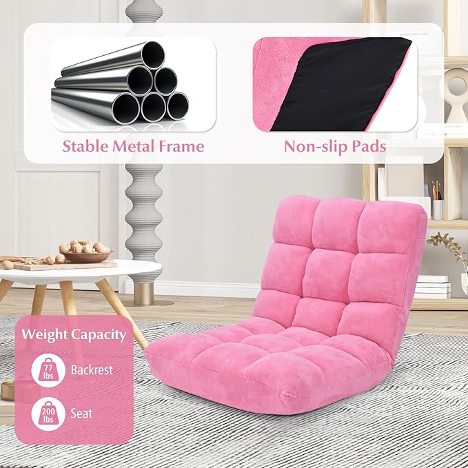 RELAX4LIFE Floor Chair with Back Support - 14-Position Adjustable Lazy Sofa Chair, Padded Sleeper Bed & Couch Recliner for Reading Meditation, Folding Floor Gaming Chair for Adults (Pink)