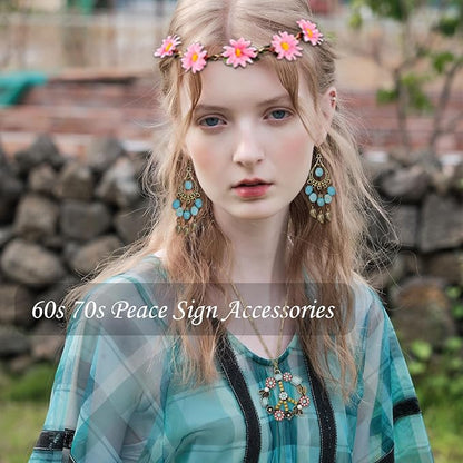 Hippie Costume Accessories for Women Peace Sign Earrings Necklace Flower Headband Sunglasses 60s 70s Accessories
