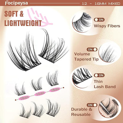 Focipeysa Fairy Eyelash Extension Kit with Lash Bond Seal Wispy Lash Clusters Kit Natural Look Lash Extensions 10-16mm Clusters Eyelashes Extensions Wispy Lash DIY Salon Effect Lash Extension