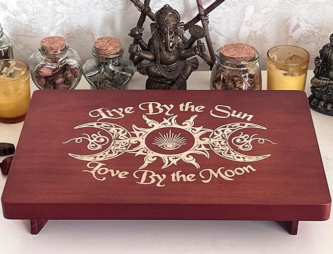 Altar Table, Meditation Table, Small Altar Table, Wooden Witch Altar, Wiccan Alter Table, Buddhist Shrine, Engraved Triple Goddess on Table Top, 12 × 8 inches