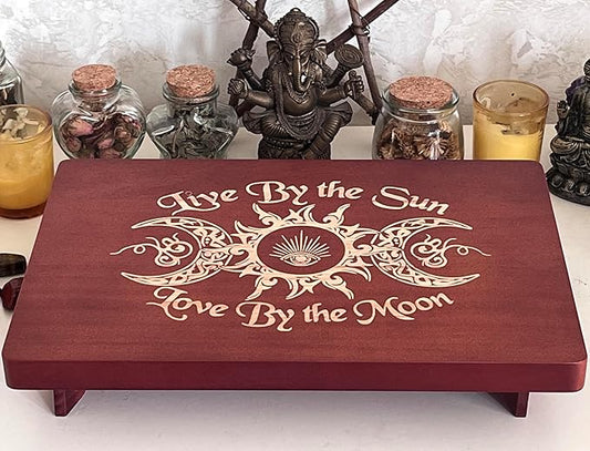 Altar Table, Meditation Table, Small Altar Table, Wooden Witch Altar, Wiccan Alter Table, Buddhist Shrine, Engraved Triple Goddess on Table Top, 12 × 8 inches