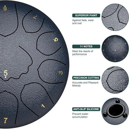 Rain Drum for Outside Garden, 8 Inches 11 Notes Steel Tongue Drum, Waterproof Meditation Rain Chime, Musical Instruments for Adult Gift with Bag, Music Book, Mallets (Navy Blue)