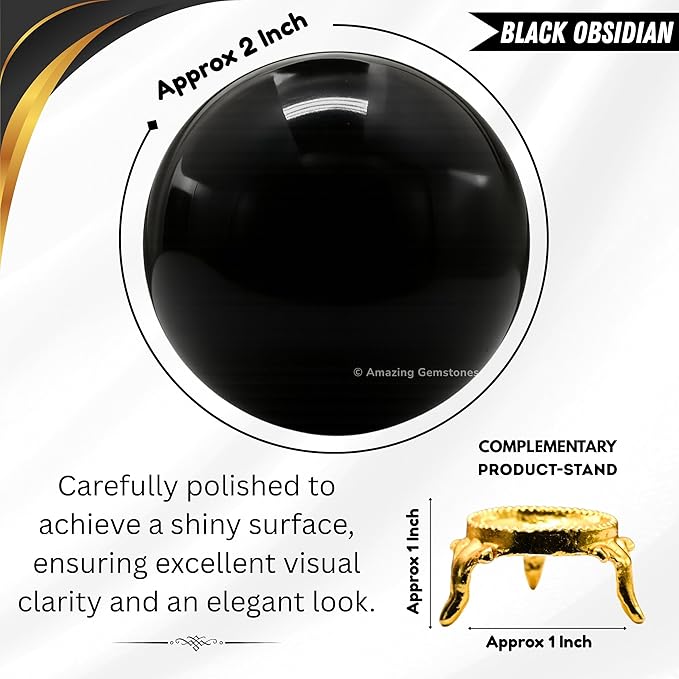 Amazing Gemstone Black Obsidian Crystal Ball with Stand - 2" Inches Crystal Sphere Meditation Balls for Witchcraft and Decorative Balls