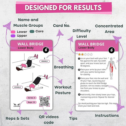 Wall Pilates Workouts for Women – 66 Exercise Cards with Videos & Workout Plan – Includes 5-Week Challenge, E-book, Chart & 2 Rings for Easy Organization – Home Pilates Workout Guide