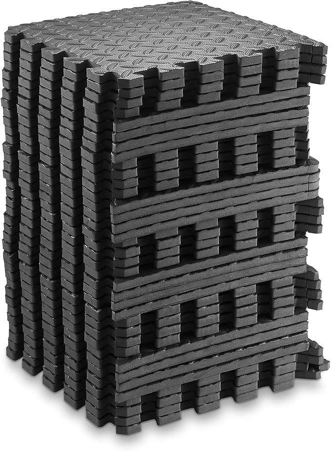 Philosophy Gym Pack of 36 Exercise Flooring Mats - 12 x 12 Inch Foam Rubber Interlocking Puzzle Floor Tiles - Black