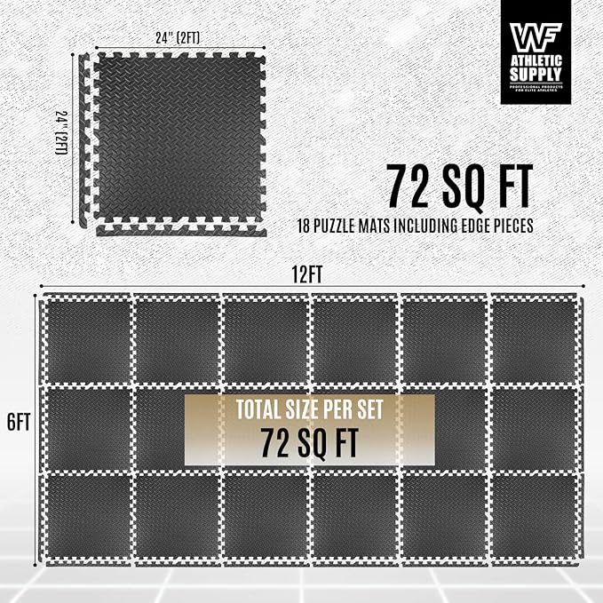 WF Athletic Supply Puzzle Exercise Mat, EVA Foam Interlocking Tiles with Border, 1/2" Thickness Interlocking Soft Foam Puzzle Play Mats for Home Gym, Garage & Kids’ Playroom