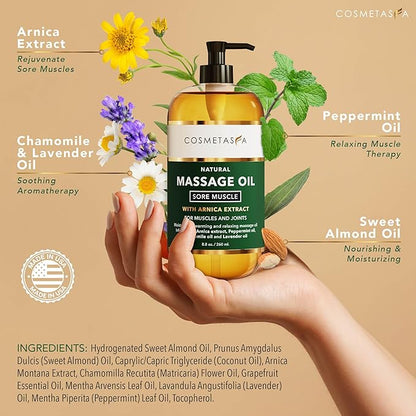 Cosmetasa Spa Gift Set for Women & Men - Relaxation Lavender Massage Oil, Citrus Coconut Oil, Arnica Sore Muscle Massage Oil with Hot Stones, Roller Ball and Thumb Saver Massage Tools
