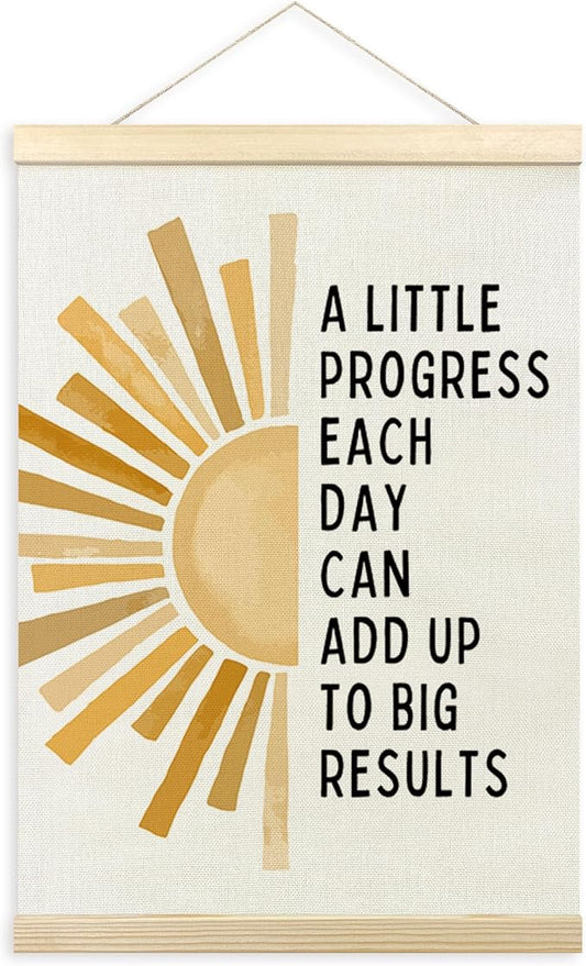 TLESKE Mental Health Inspirational Poster Hanger Frame, a Little Progress Each Day Special Education Wall Art Decor for Therapy Counseling Office Classroom Kids Room, Yellow Boho Sun Picture, 12x16