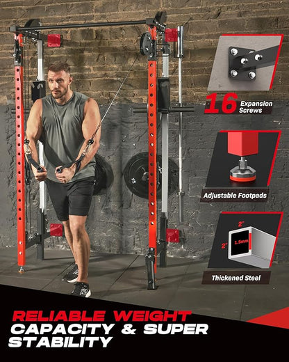 Folding Power Rack, Wall Mounted Squat Rack with Dual Independent Pulley System, Multi-Function Power Cage with 5 Adjustable Function Modes, Power Rack Trainer for Space Saving Home Gym