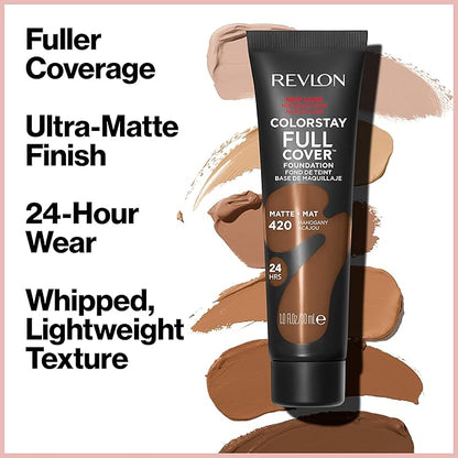 Revlon ColorStay Full Cover Longwear Matte Foundation, Heat & Sweat Resistant Lightweight Face Makeup, Early Tan (390), 1.0 oz