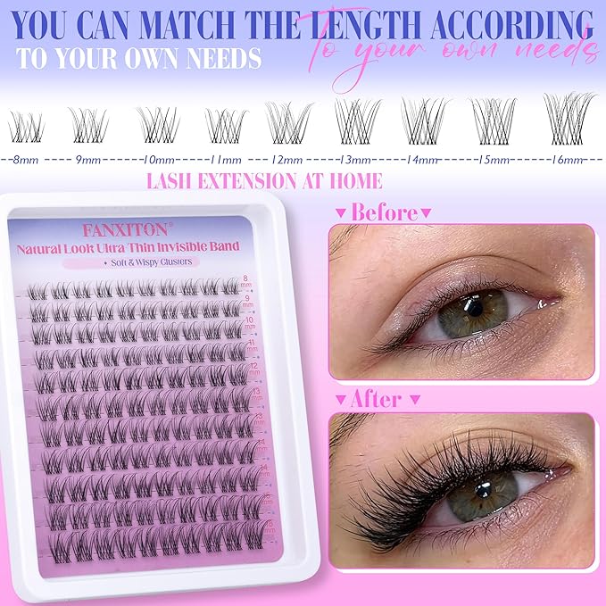 Wispy Natural Eyelash Clusters Kit 8-16mm D Lash Clusters DIY Lash Extension Kit Thin Lash Band with Bond and Seal, Tweezers Lash Clusters Kit