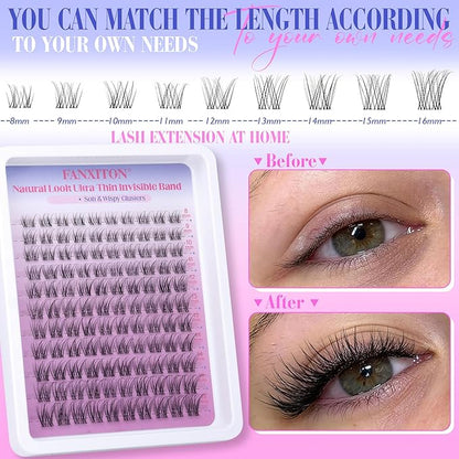 Wispy Natural Eyelash Clusters Kit 8-16mm D Lash Clusters DIY Lash Extension Kit Thin Lash Band with Bond and Seal, Tweezers Lash Clusters Kit