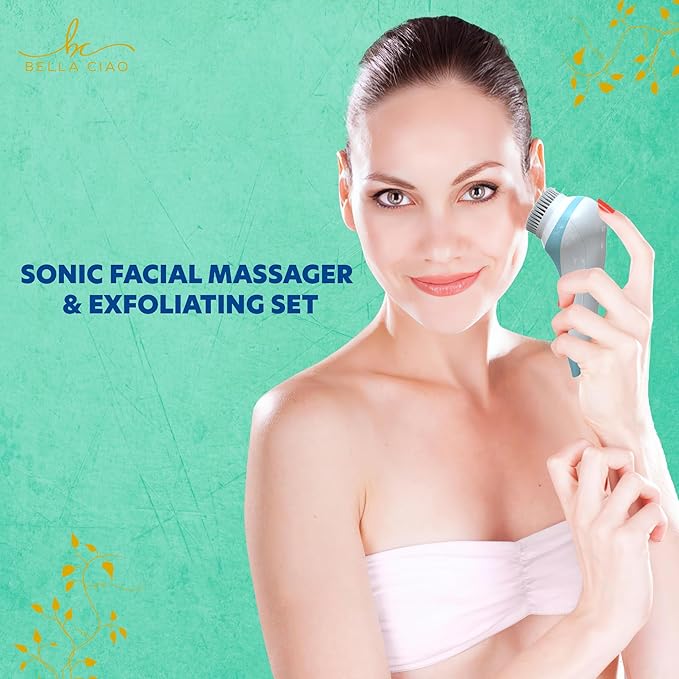 Bella Ciao 5-Piece Sonic Facial Cleansing Brush Set, Blue | Battery Operated Face Scrubber Exfoliator, Makeup Remover Skin Care Tools w/ 4 Attachments| Face Cleansing Brush, Skin Exfoliator for Body