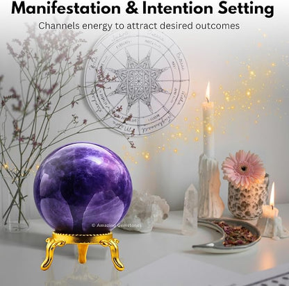 Amazing Gemstone Amethyst Crystal Ball with Stand - 2" Inches Crystal Sphere Meditation Balls for Witchcraft and Decorative Balls