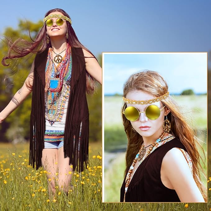 6 Pcs 60s 70s Outfits for Women Hippie Costume Set Peace Sign Earring Headband Fringe Vest Tassel Cardigan
