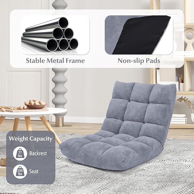 RELAX4LIFE Floor Chair with Back Support - 14-Position Adjustable Lazy Sofa Chair, Padded Sleeper Bed & Couch Recliner for Reading Meditation, Folding Floor Gaming Chair for Adults (Grey)