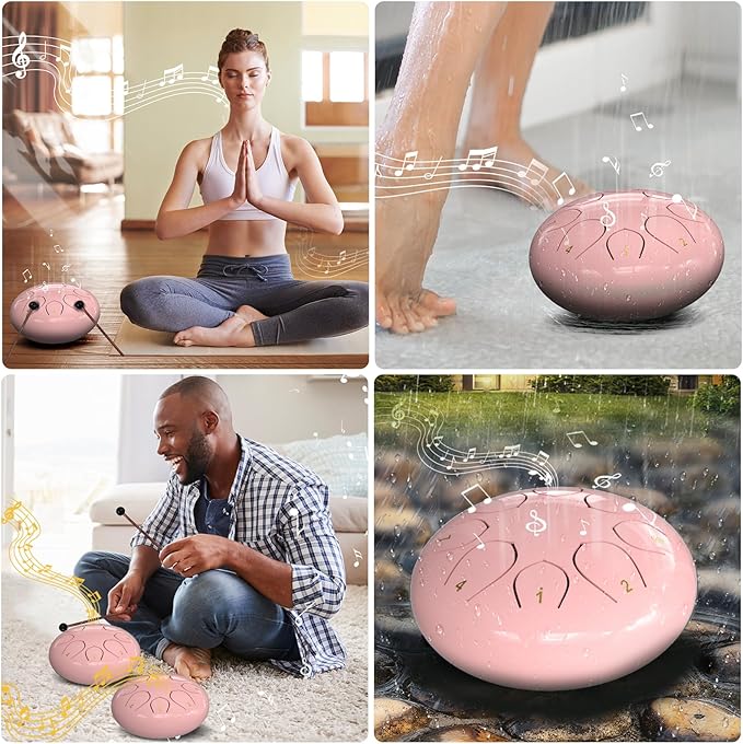 Rain Drum for Outside Garden, 6 Inches 8 Notes Steel Tongue Drums, Waterproof Meditation Echo Rain Chime, Musical Instruments for Adult Gift with Bag, Music Book, Mallets (Pink)