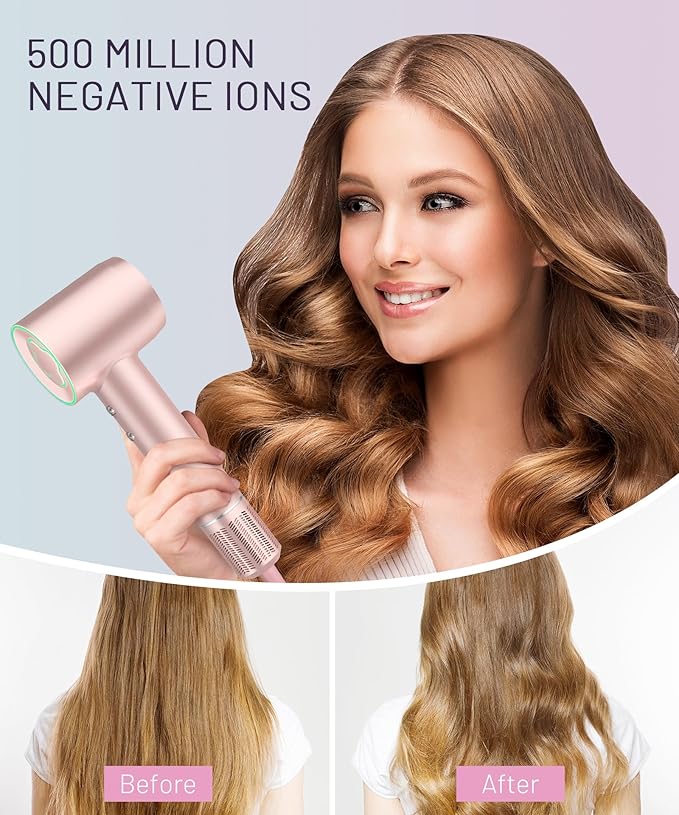 Hair Dryer - 150000 RPM High-Speed Brushless Motor Negative Ionic Blow Dryer for Fast Drying, Low Noise Thermo-Control Hair Dryer with Diffuser and Nozzle, Pink