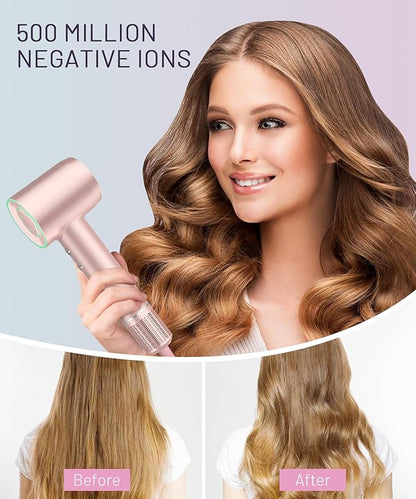 Hair Dryer - 150000 RPM High-Speed Brushless Motor Negative Ionic Blow Dryer for Fast Drying, Low Noise Thermo-Control Hair Dryer with Diffuser and Nozzle, Pink