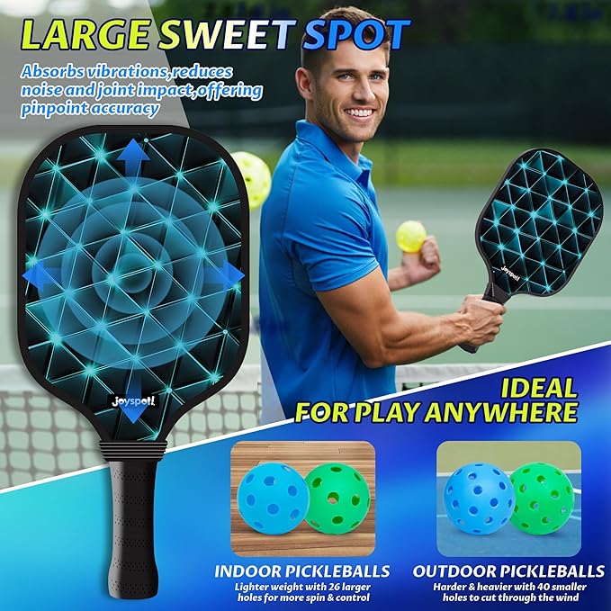 Pickleball Paddles Set of 2, Fiberglass Pickle Ball Rackets, Lightweight Paddle Set Includes 4 Outdoor Indoor Balls, 2 Grip Tapes & Carry Bag, Oversized Sweet Spot for Men, Women, Adult, Teenager