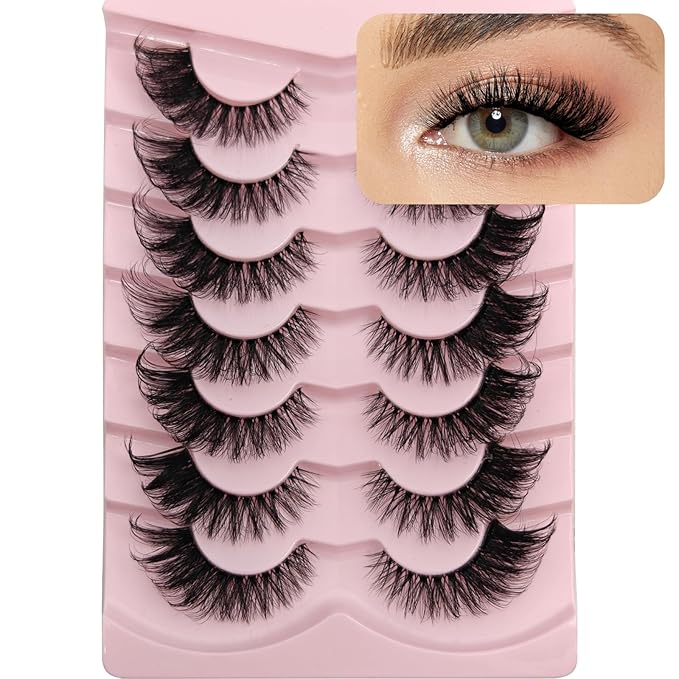 MIKIWI Wispy Strip Lashes Clear Band Fluffy Faux Mink Eyelashes Cat Eye Lashes 7 Pairs False Eyelashes（GL01）