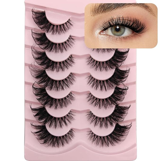 MIKIWI Wispy Strip Lashes Clear Band Fluffy Faux Mink Eyelashes Cat Eye Lashes 7 Pairs False Eyelashes（GL01）