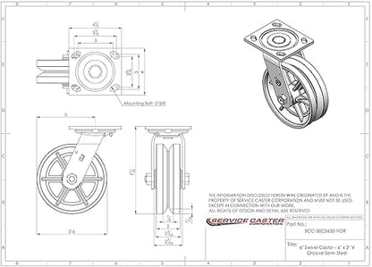V Groove Semi Steel Cast Iron Swivel Top Plate Heavy Duty Caster with 6 Inch Wheel – 1,200 lbs. Capacity/Caster - Service Caster Brand