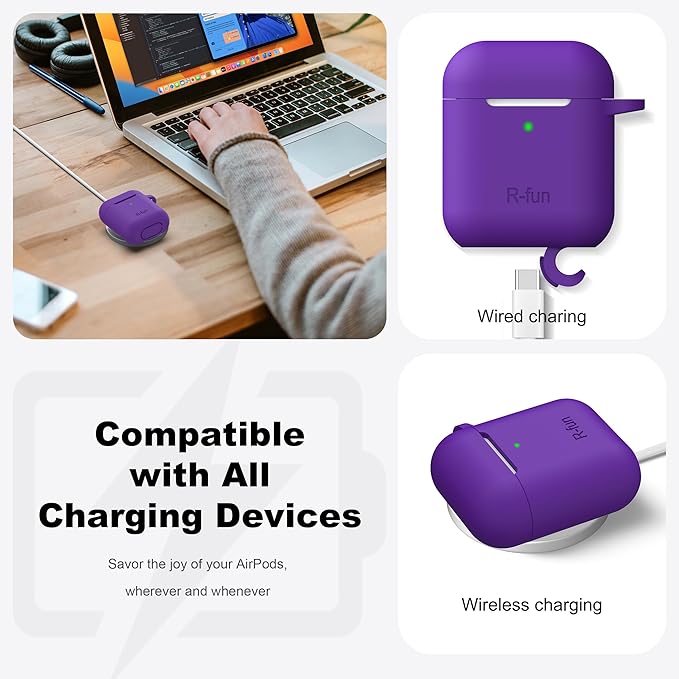 R-fun Compatible with AirPods Case Cover, Soft Silicone Protective Cover with Keychain for Women Men Compatible with Apple AirPods 2nd 1st Generation Charging Case, Front LED Visible,Purple