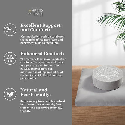 Meditation Zafu Cushion Set with Buckwheat Hulls & Memory Foam - Ergonomic Support for Yoga & Sitting - Removable Machine-Washable Luxury Velvet Cover - for Adults and Kids (Grey)