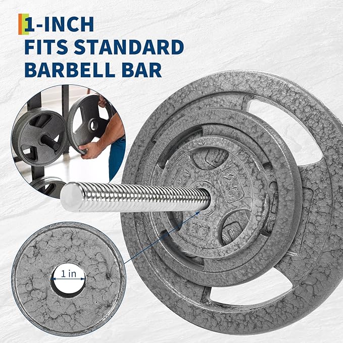Cast Iron Weight Plates with Triple Grip Handles, 1 inch Standard Weights Plates with Anti-Rust Coating for Home Gym Strength Training, Weightlifting & Muscle Toning