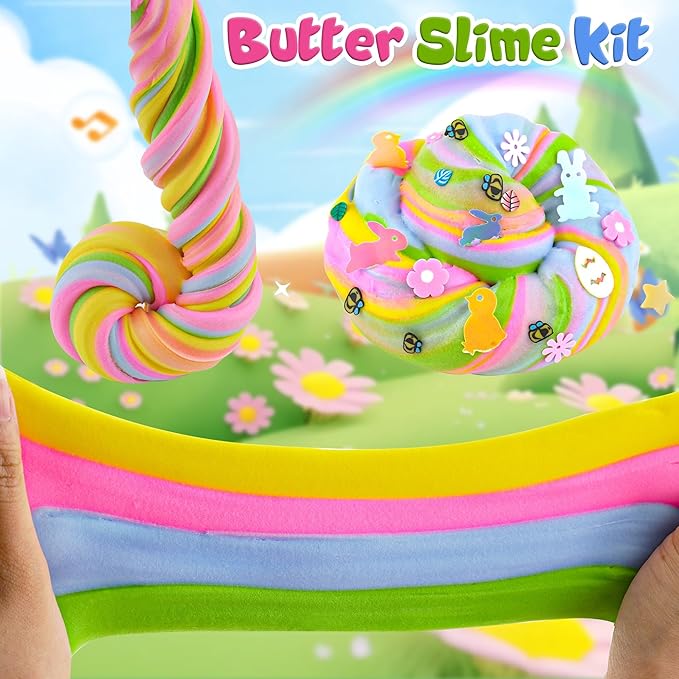 LAWOHO 2X120ml Butter Slime Kit Includes Two-Toned Butter Slimes with 6 Packs Add-Ins, Easter Slime Making Kit for Kids Party Favors Birthday Halloween Christmas Easter Basket Stuffers for Girls Boys