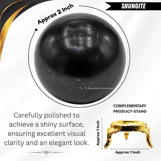 Amazing Gemstone Shungite Crystal Ball with Stand - 2 Inches Crystal Sphere Meditation Balls for Witchcraft and Decorative Balls