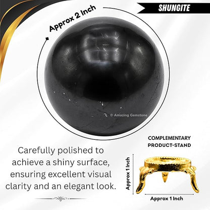 Amazing Gemstone Shungite Crystal Ball with Stand - 2 Inches Crystal Sphere Meditation Balls for Witchcraft and Decorative Balls