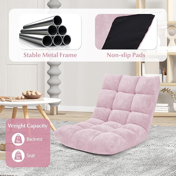 RELAX4LIFE Floor Chair with Back Support - 14-Position Adjustable Lazy Sofa Chair, Padded Sleeper Bed & Couch Recliner for Reading, Meditation, Gaming, Adults (Light Pink)