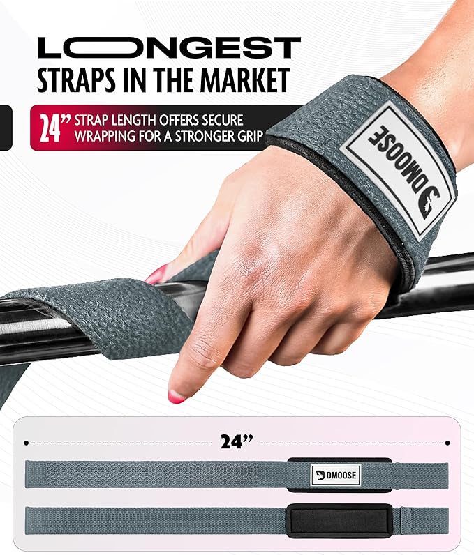 DMoose Fitness Lifting Straps 24" (Pair) - 5mm Padded Durable Wrist Straps for Weightlifting & Powerlifting - Cotton Lifting Strap with Silicone Grip for Men & Women - Deadlift Strap for Gym Workout