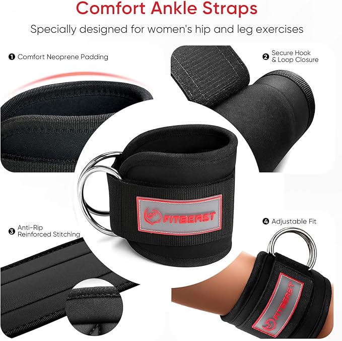 FitBeast Ankle Straps for Cable Machines Women, Glute Kickback Ankle Strap Set with Gym Handles for Cables & Ankle Cable Straps for Workout - Gym Attachments for Cable Machine