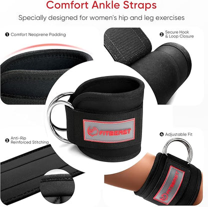 FitBeast Ankle Straps for Cable Machines Women, Glute Kickback Ankle Strap Set with Gym Handles for Cables & Ankle Cable Straps for Workout - Gym Attachments for Cable Machine