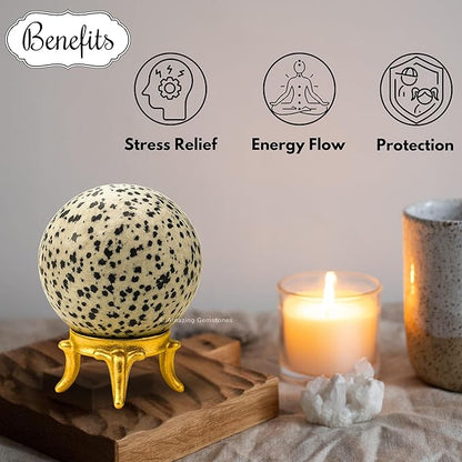 Amazing Gemstone Dalmatian Jasper Crystal Ball with Stand - 2 Inches Crystal Sphere Meditation Balls for Witchcraft and Decorative Balls