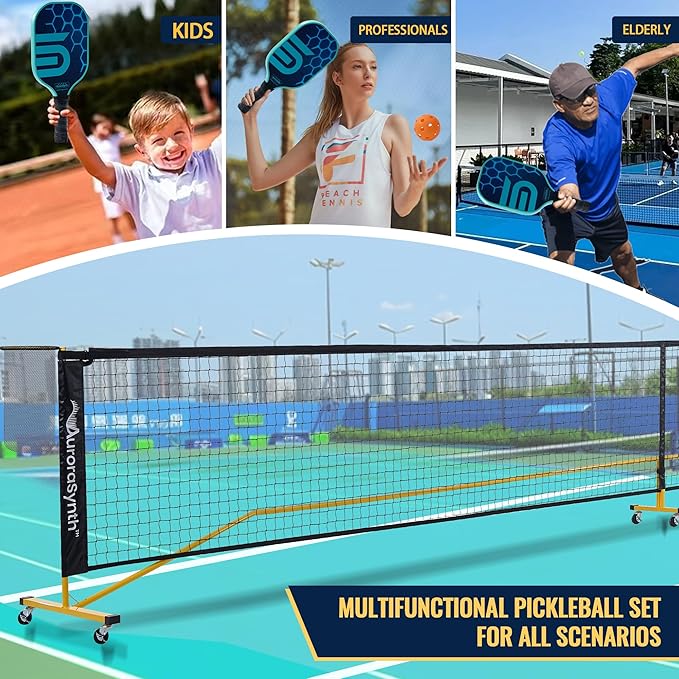 AuroraSynth Portable Pickleball Net Set with Wheels, 22 x 3ft Regulation Size Pickle Ball Net with Ball Collector, 4 Pickle Balls, 4 Pickleball Paddles, Carry Bag for Backyards, Driveway, Garage